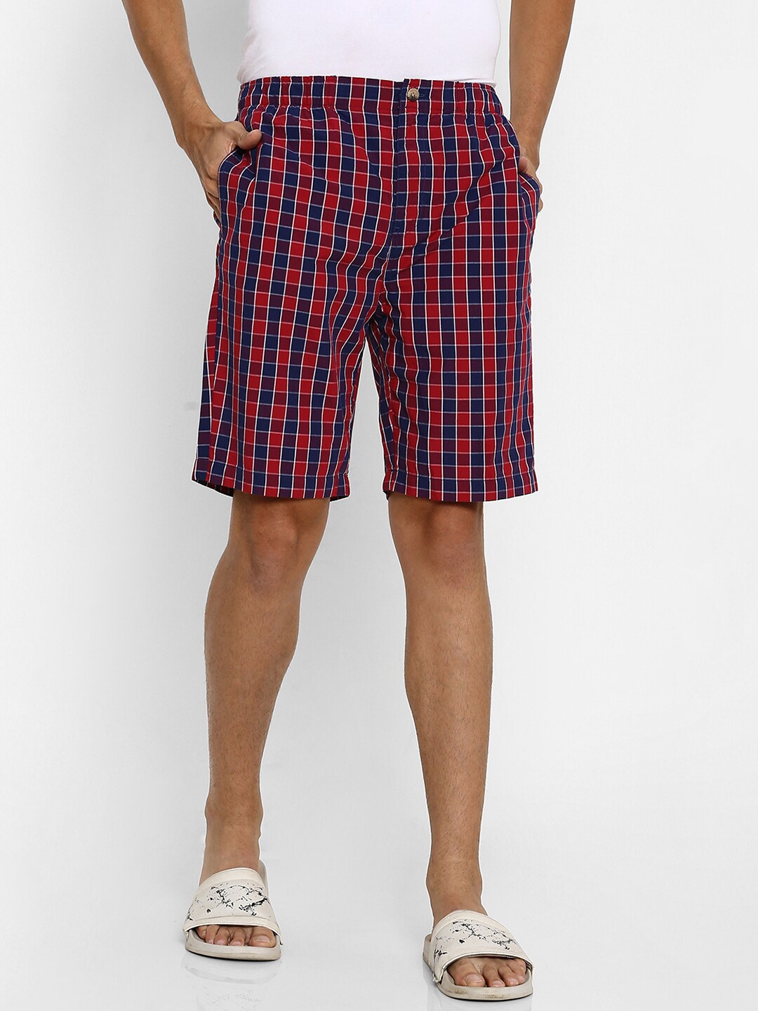 

Ajile by Pantaloons Men Maroon & Navy Blue Checked Pure Cotton Lounge Shorts