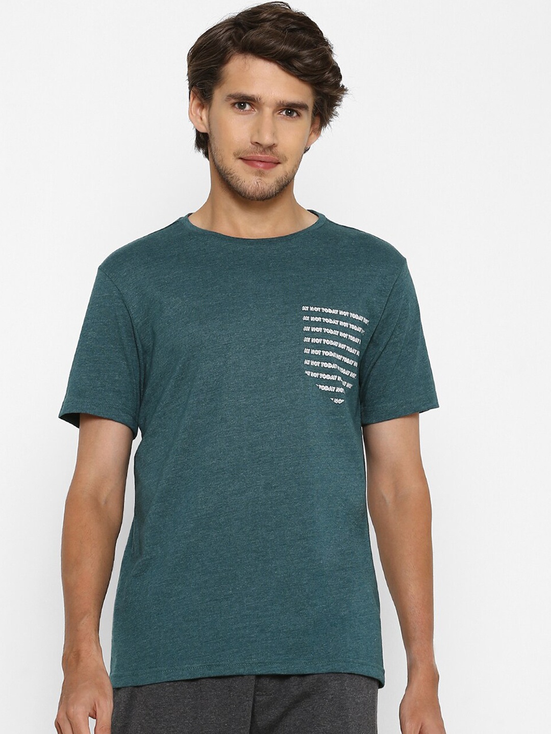 

Ajile by Pantaloons Men Teal Green & White Printed Pure Cotton Lounge T-shirt