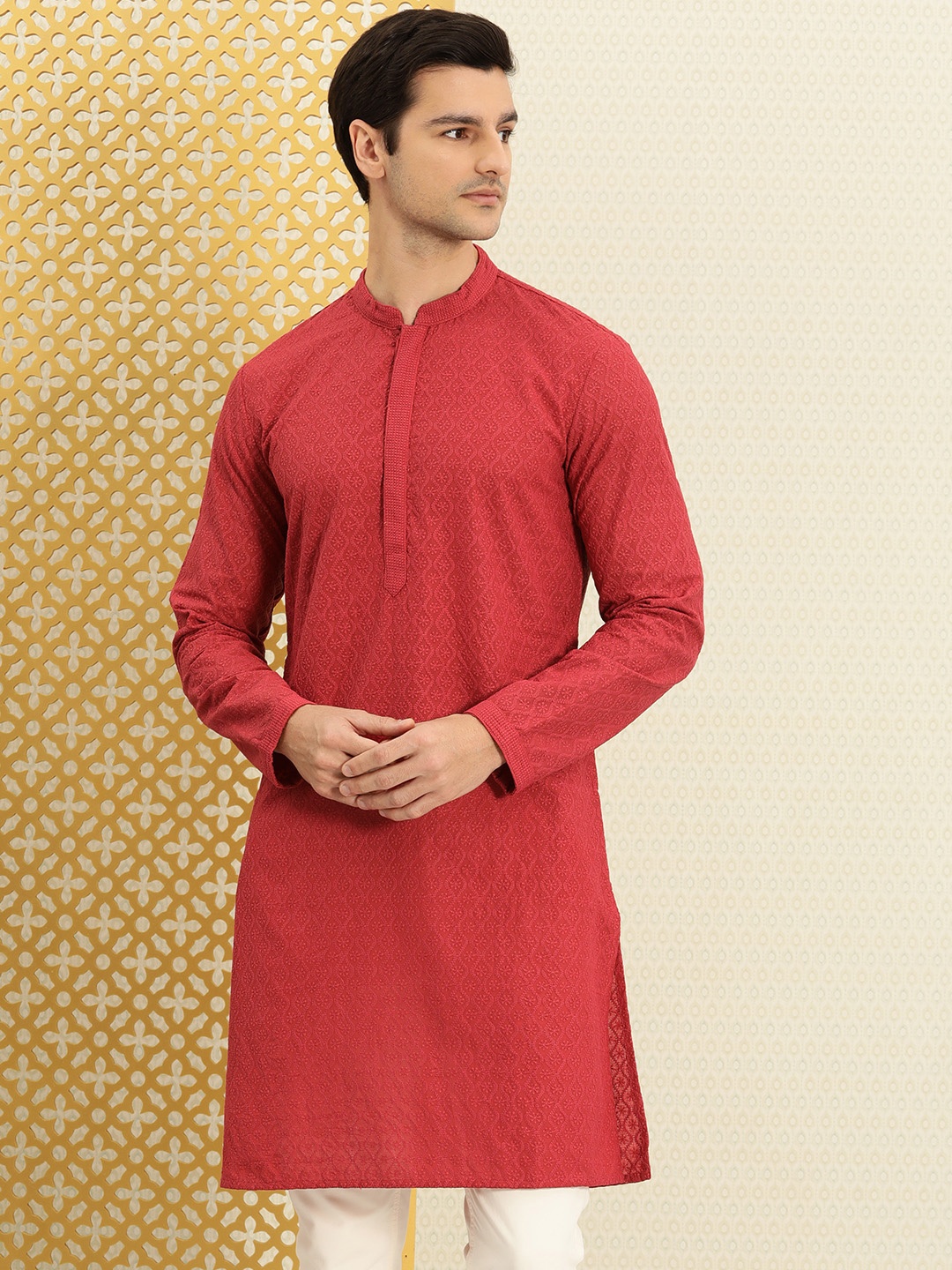 

House of Pataudi Men Red Ethnic Motifs Embroidered Thread Work Straight Kurta