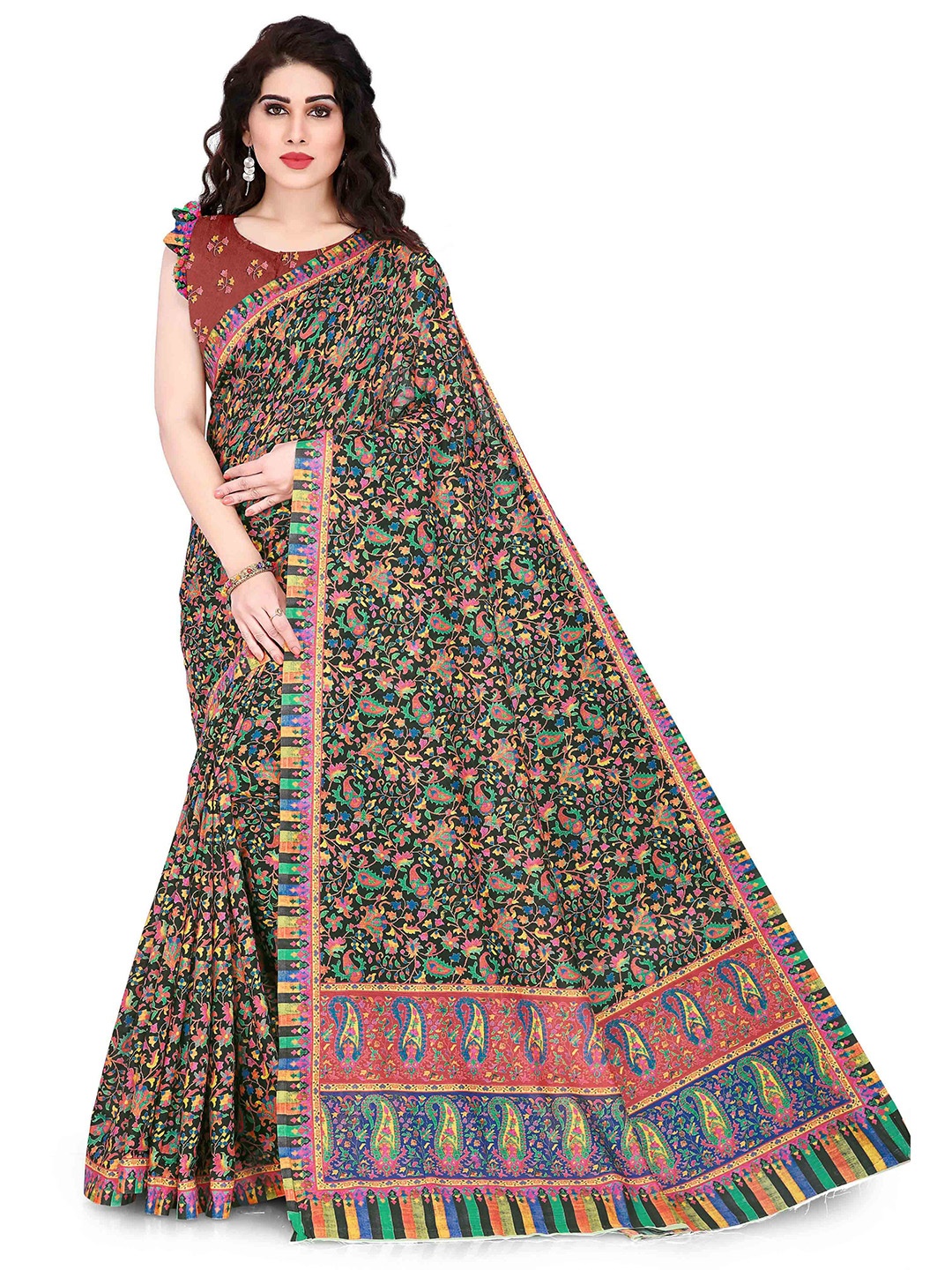 

KALINI Black & Multicoloured Floral Printed Chanderi Cotton Saree