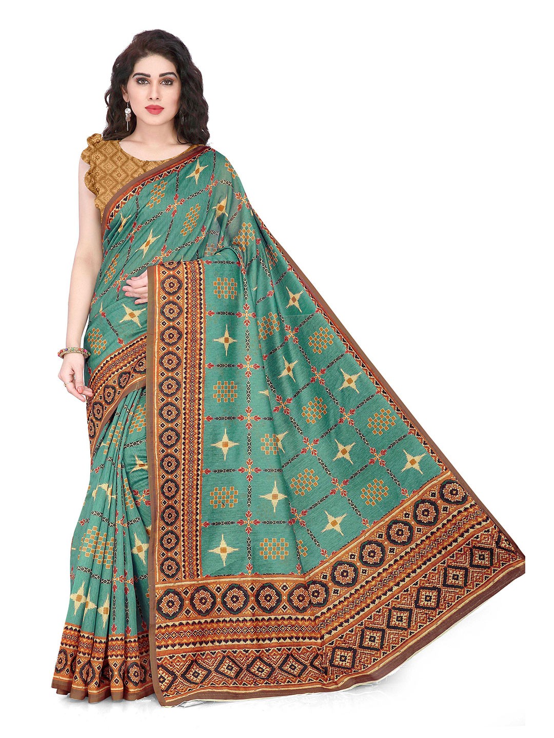 

KALINI Teal Green & Brown Printed Chanderi Cotton Saree