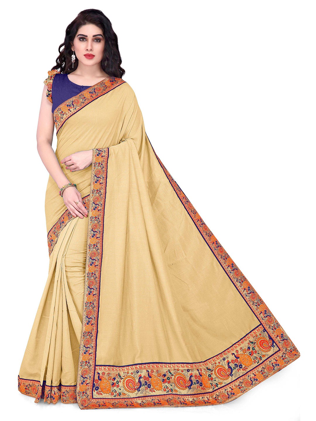

Mirchi Fashion Cream-Coloured & Orange Vichitra Silk Designer Saree