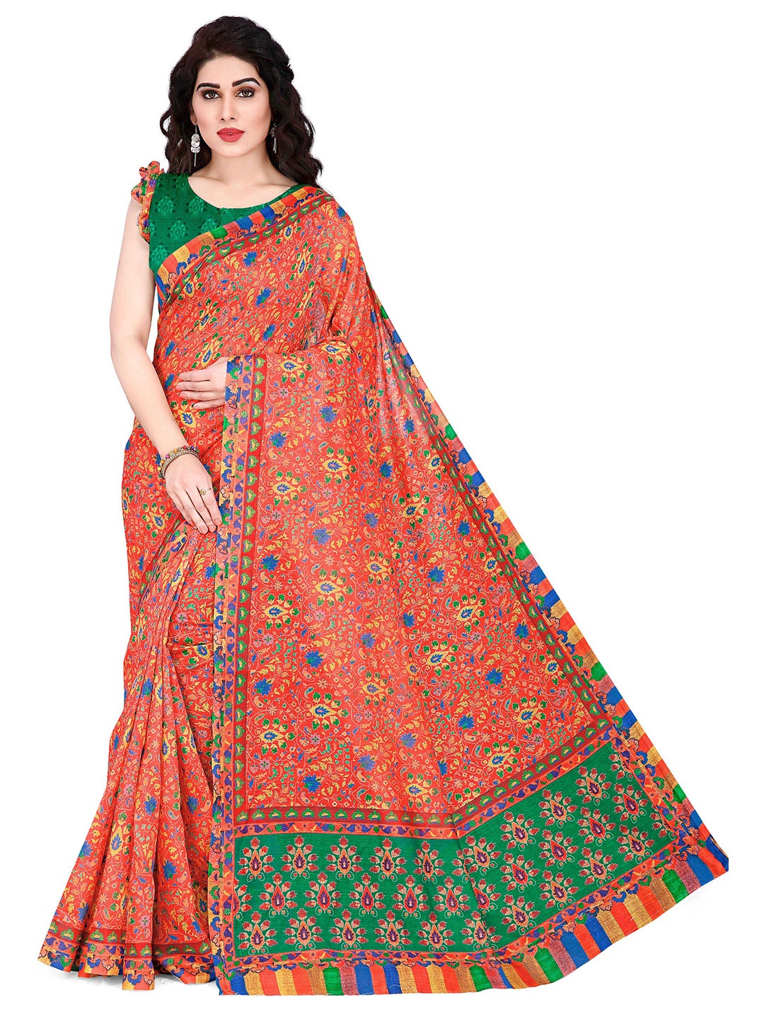 

KALINI Orange & Multicoloured Floral Printed Chanderi Cotton Saree