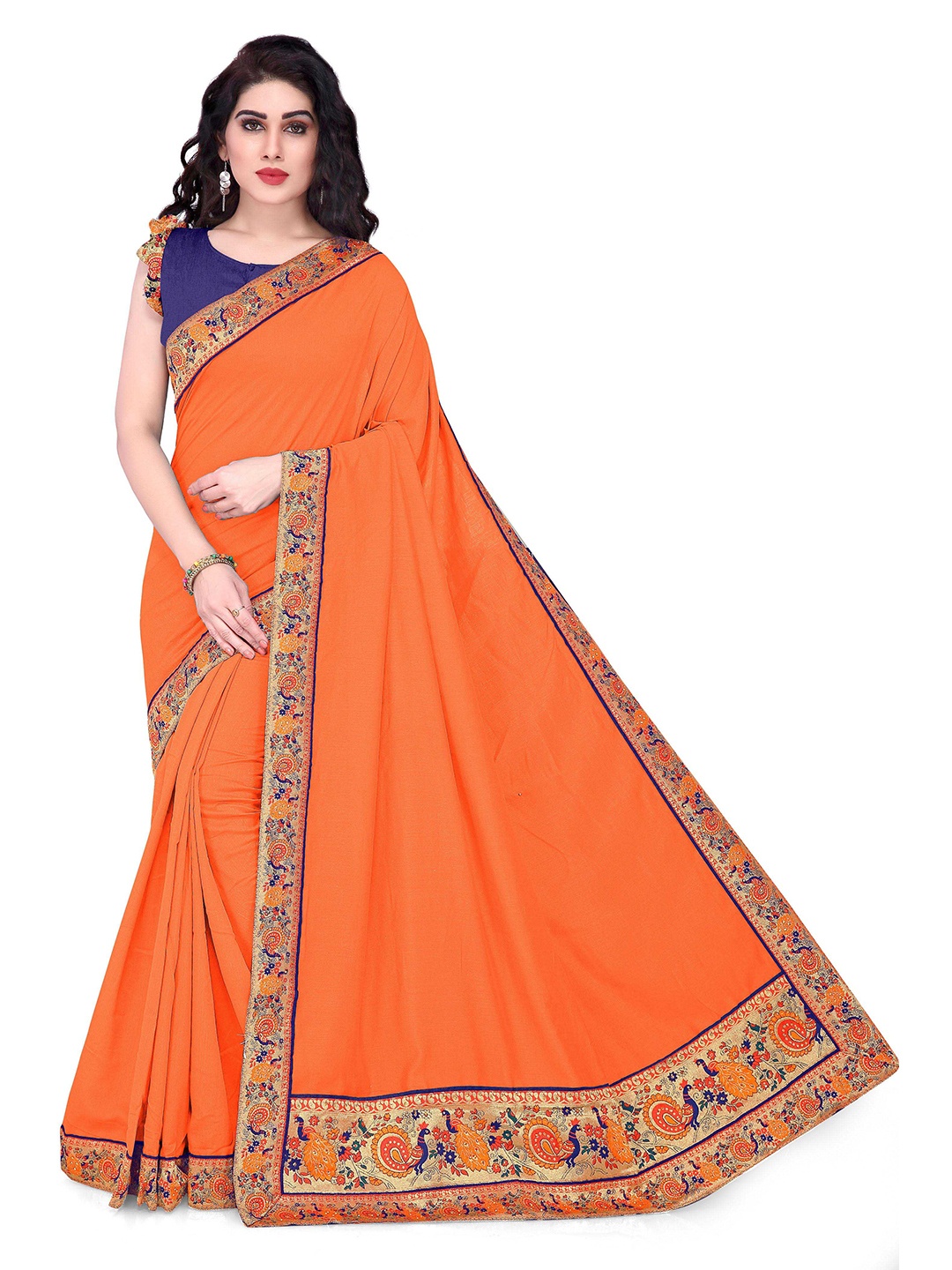

MIRCHI FASHION Orange & Blue Vichitra Silk Saree