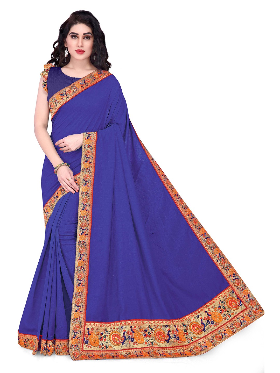 

MIRCHI FASHION Blue & Orange Vichitra Silk Saree