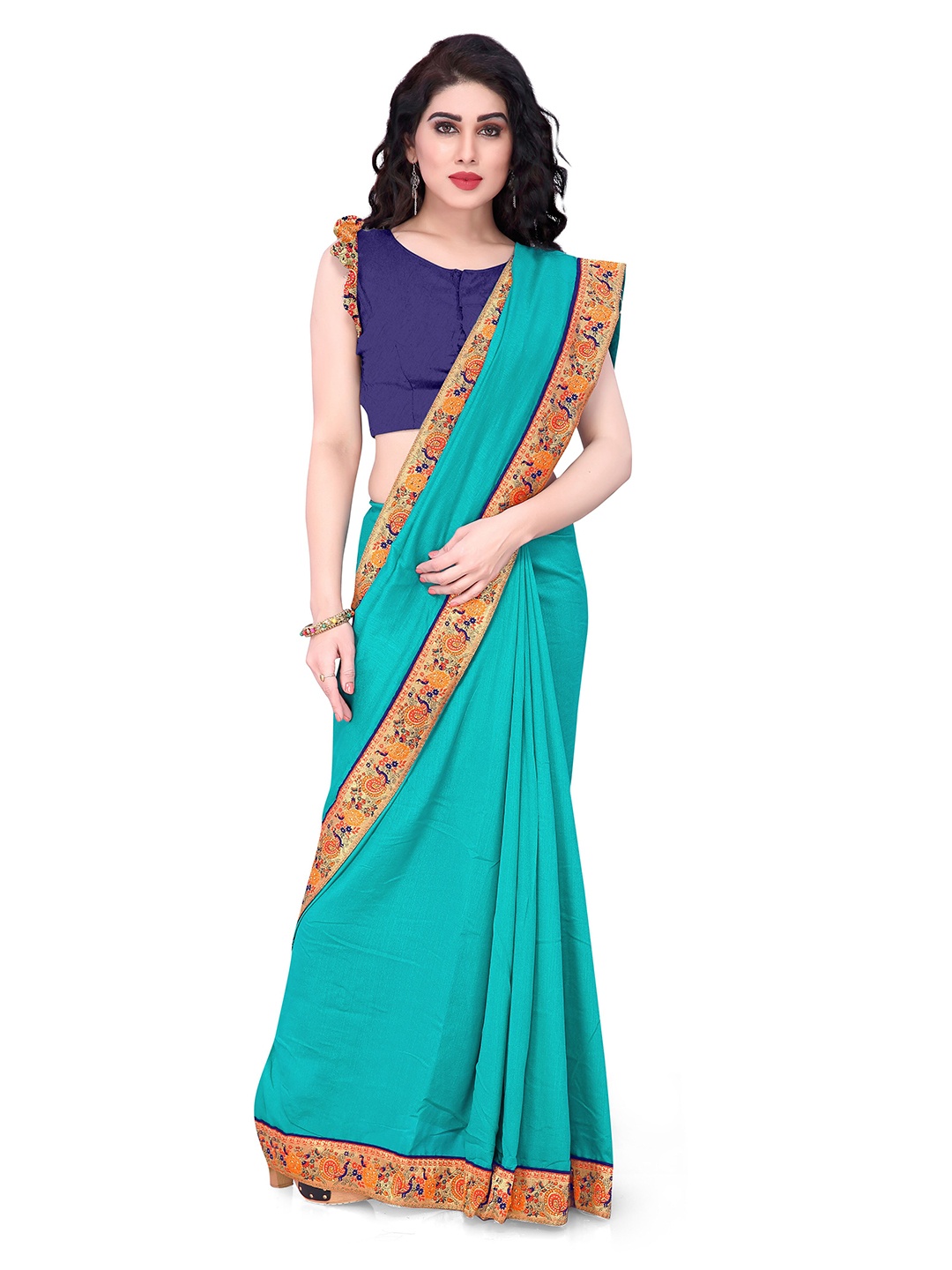 

Mirchi Fashion Teal Green & Orange Vichitra Silk Designer Saree