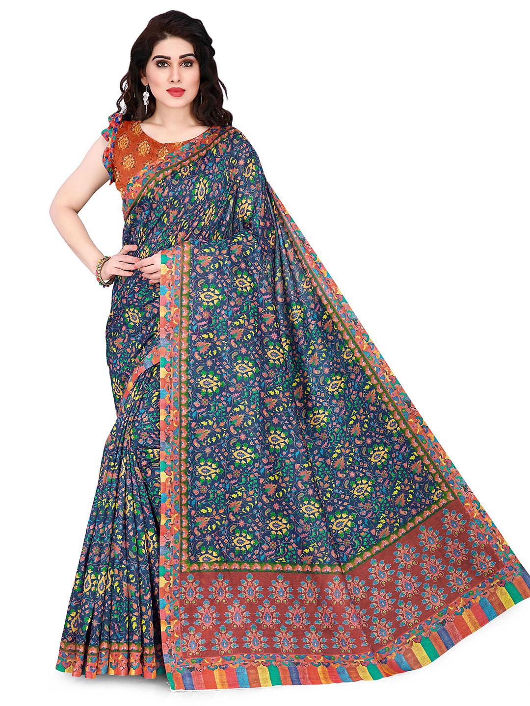 

KALINI Blue & Multicoloured Floral Printed Chanderi Cotton Designer Saree