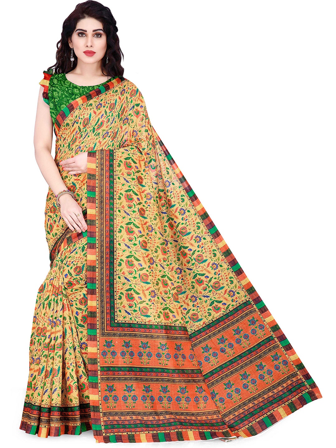 

KALINI Yellow & Multicoloured Floral Printed Chanderi Cotton Saree