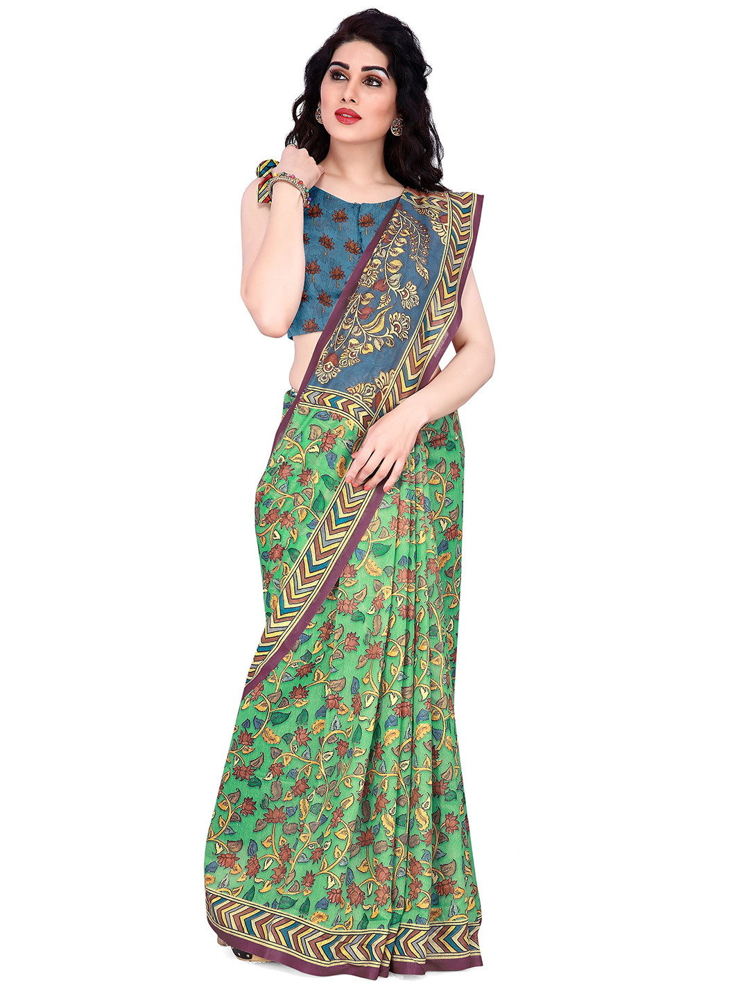 

KALINI Green & Multicoloured Floral Printed Chanderi Cotton Saree