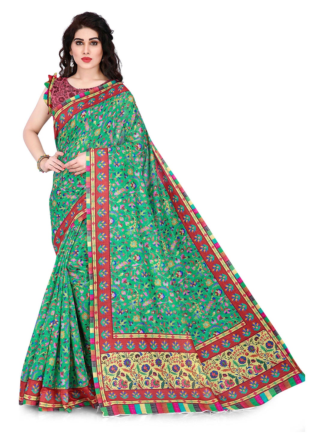 

KALINI Green & Multicoloured Floral Printed Chanderi Cotton Saree
