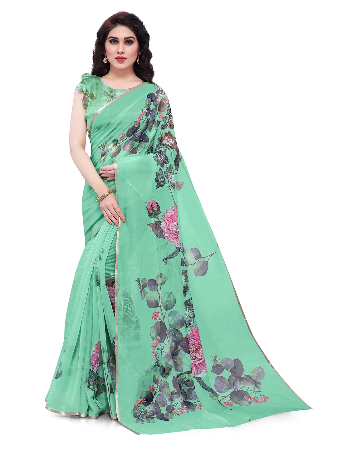

Mirchi Fashion Green & Grey Floral Printed Zari Organza Bagh Designer Saree