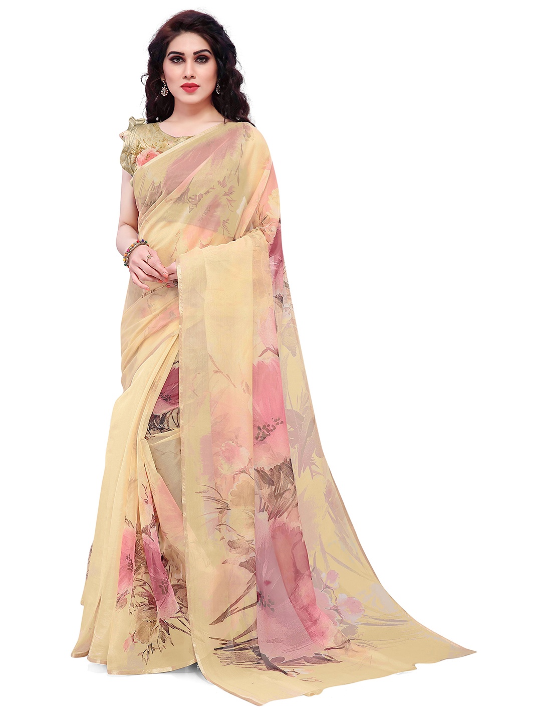 

KALINI Beige & Peach-Coloured Floral Printed Zari Organza Bagh Saree