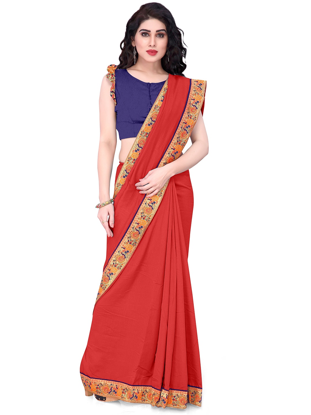 

Mirchi Fashion Red & Blue Vichitra Silk Saree