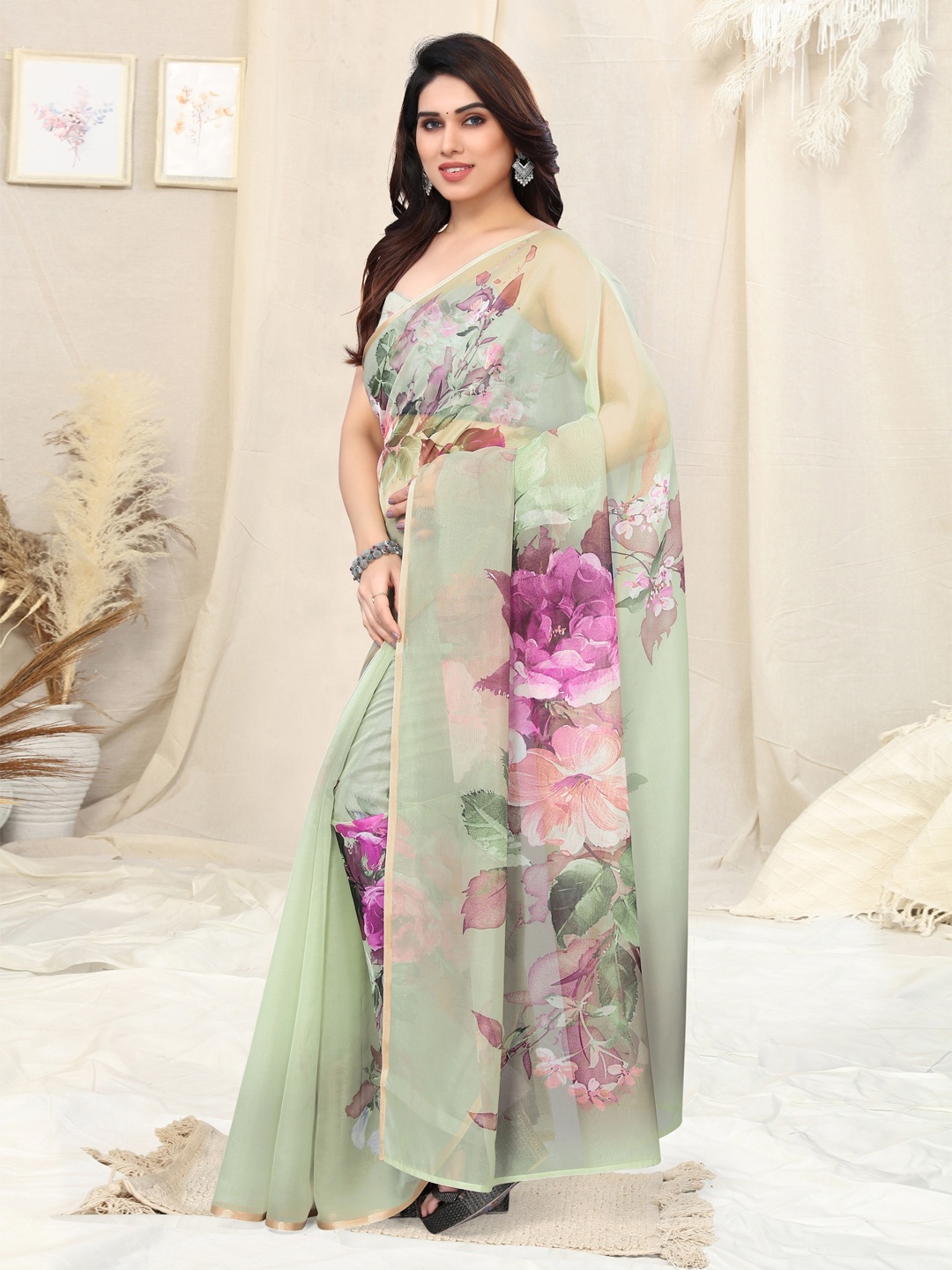 

KALINI Green & Purple Floral Printed Zari Organza Bagh Saree