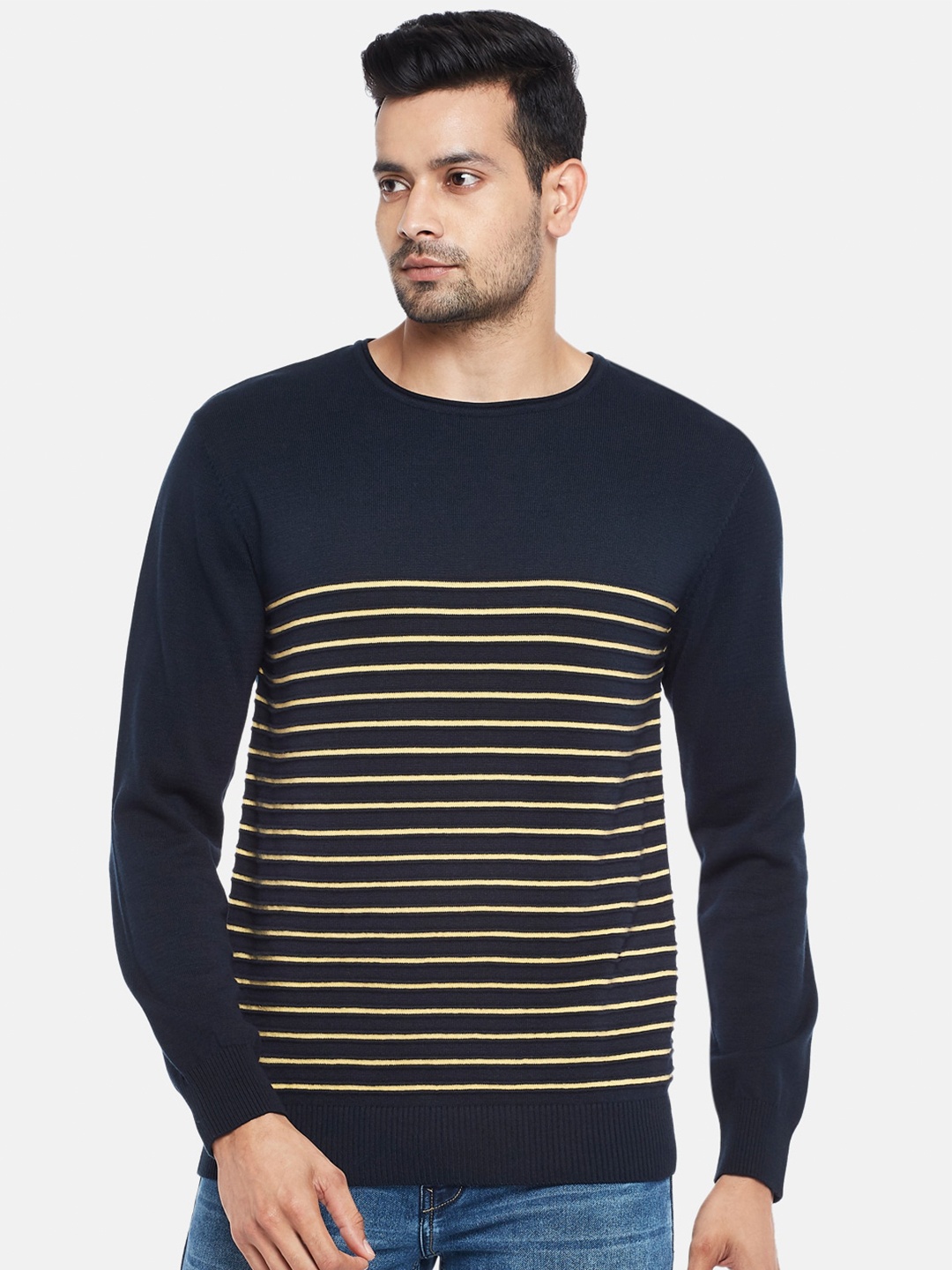 

BYFORD by Pantaloons Men Navy Blue & Beige Striped Pure Cotton Pullover