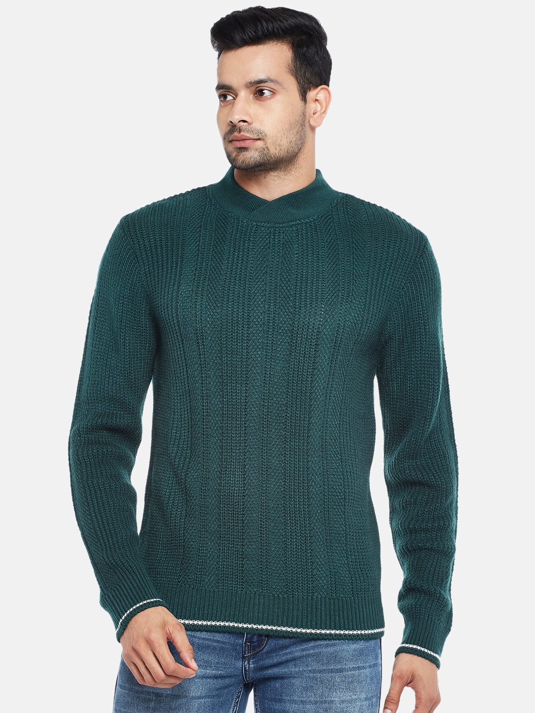 

BYFORD by Pantaloons Men Olive Green & White Ribbed Pure Cotton Pullover