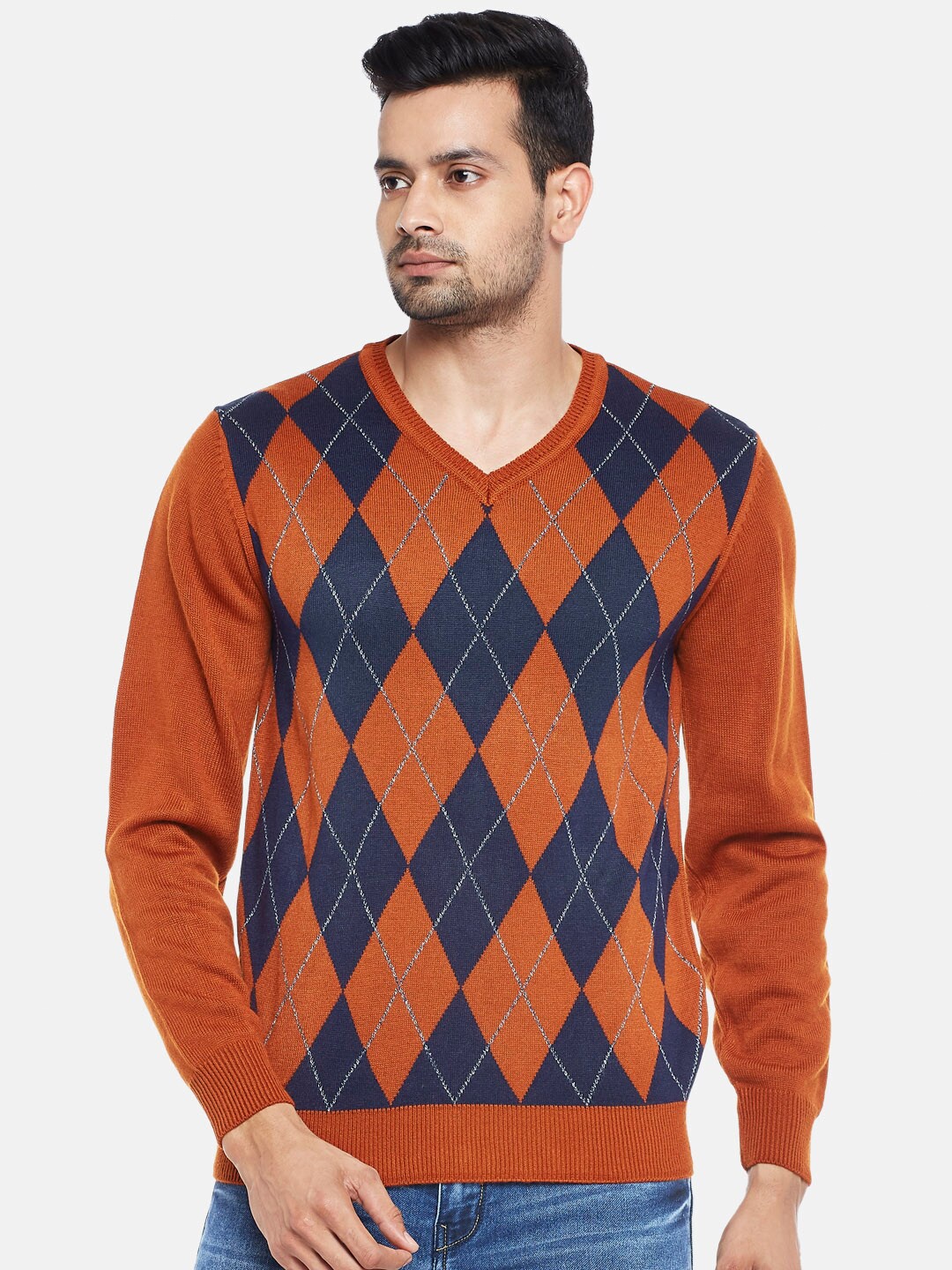 

BYFORD by Pantaloons Men Rust & Navy Blue Argyle Checked Patterned Pullover