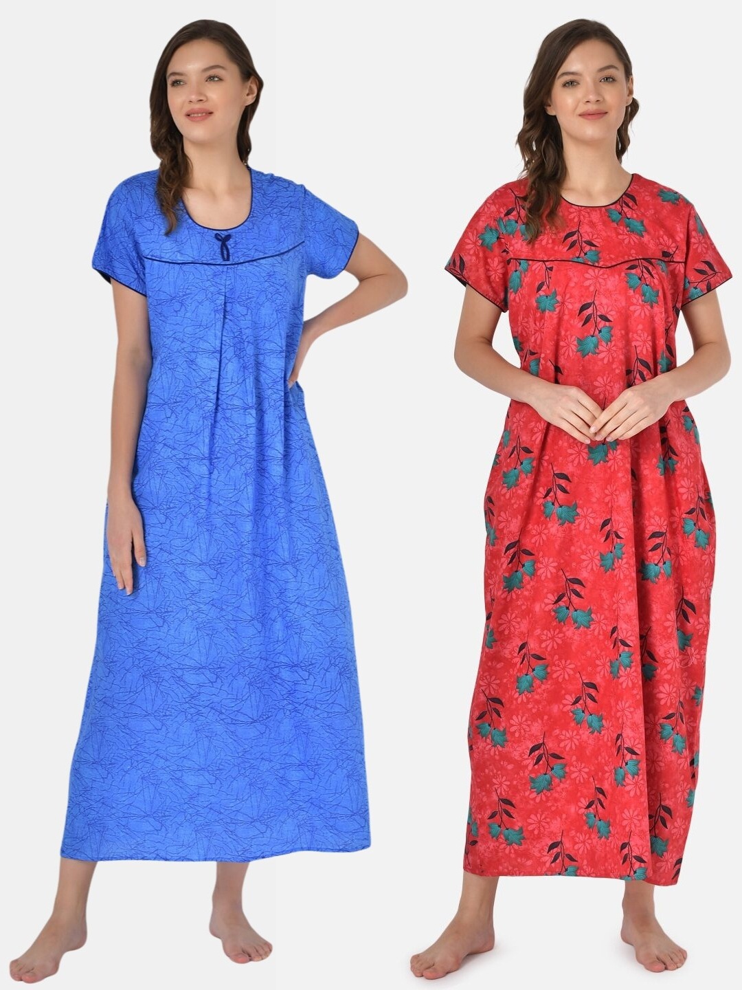 

Klamotten Women Pack of 2 Blue Printed Pure Cotton Maxi Nightdress