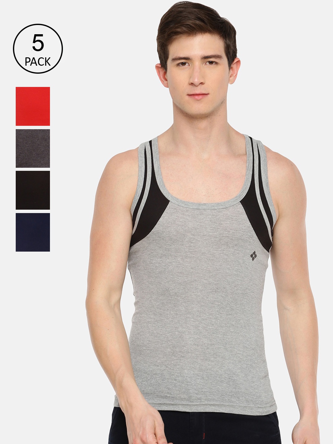

Dollar Bigboss Men Assorted Pack of 5 Cotton Racerback Styled Gym Vest