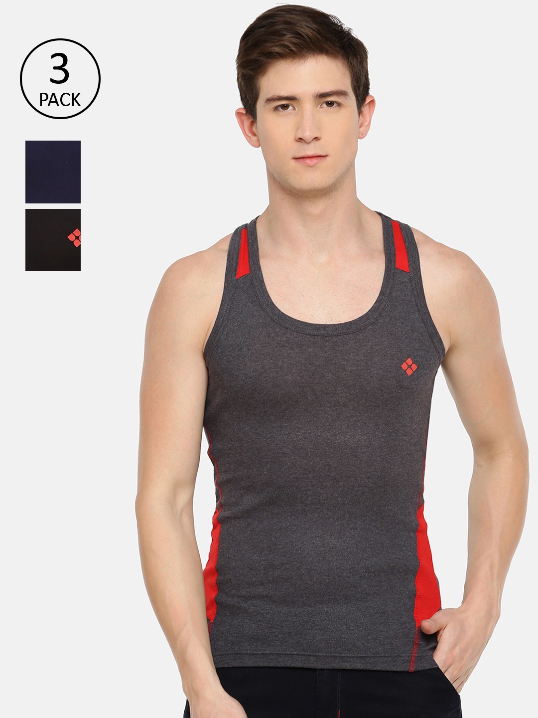 

Dollar Bigboss Men Assorted Pack of 3 Cotton Racerback Styled Gym Vests