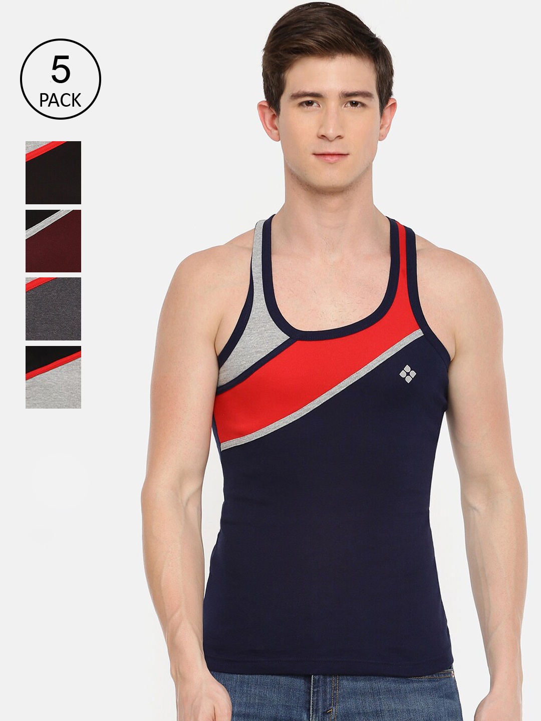 

Dollar Bigboss Men Assorted Pack of 5 Cotton Racerback Styled Gym Vest