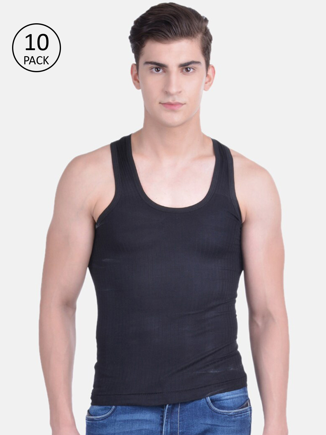 

Dollar Bigboss Men Solid Pack of 10 Cotton Vest, Black