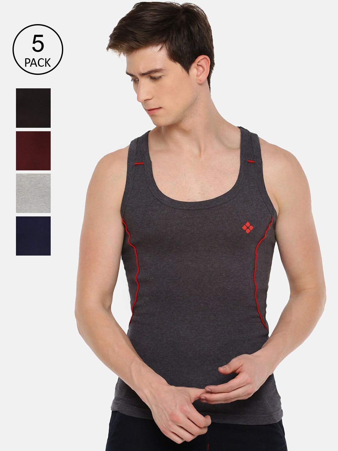 

Dollar Bigboss Men Assorted Pack of 5 Cotton Racerback Styled Gym Vest
