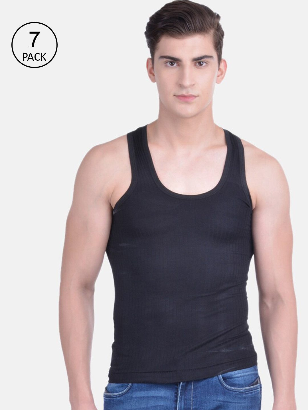 

Dollar Bigboss Men Solid Pack of 7 Cotton Vest, Black