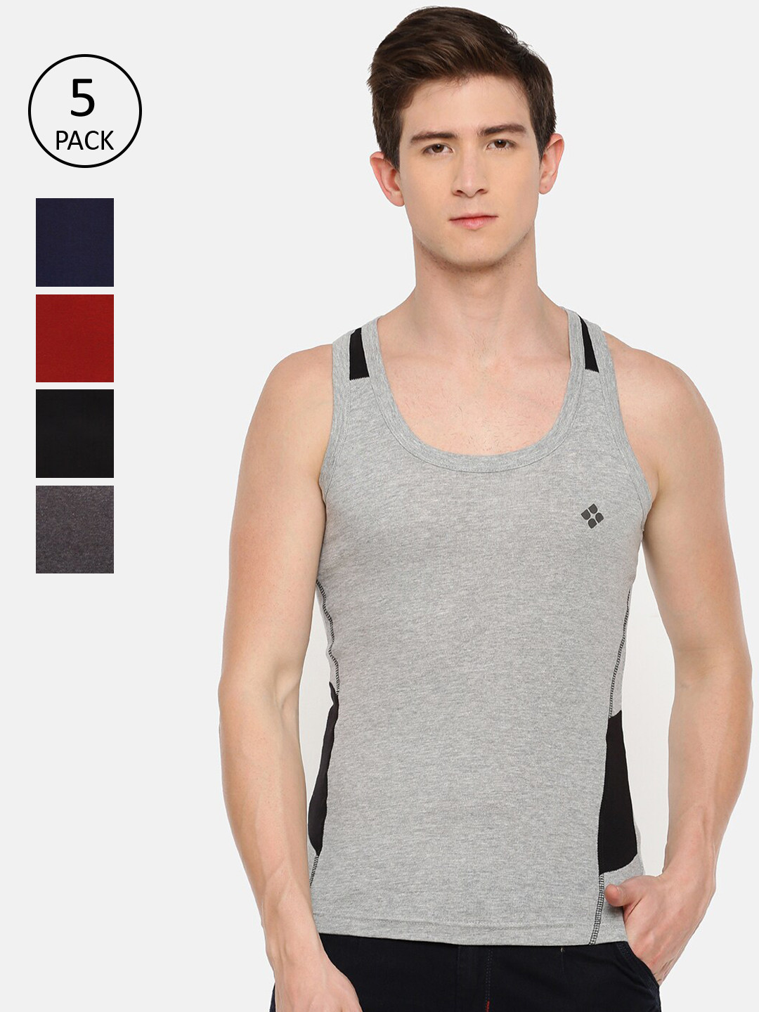 

Dollar Bigboss Men Assorted Pack of 5 Cotton Racerback Styled Gym Vests