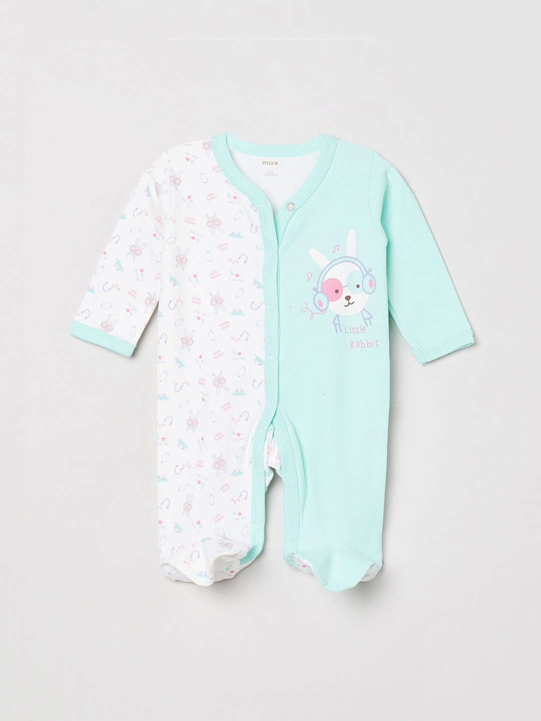 

max Infant Girls White & Blue Cotton Printed Rompers