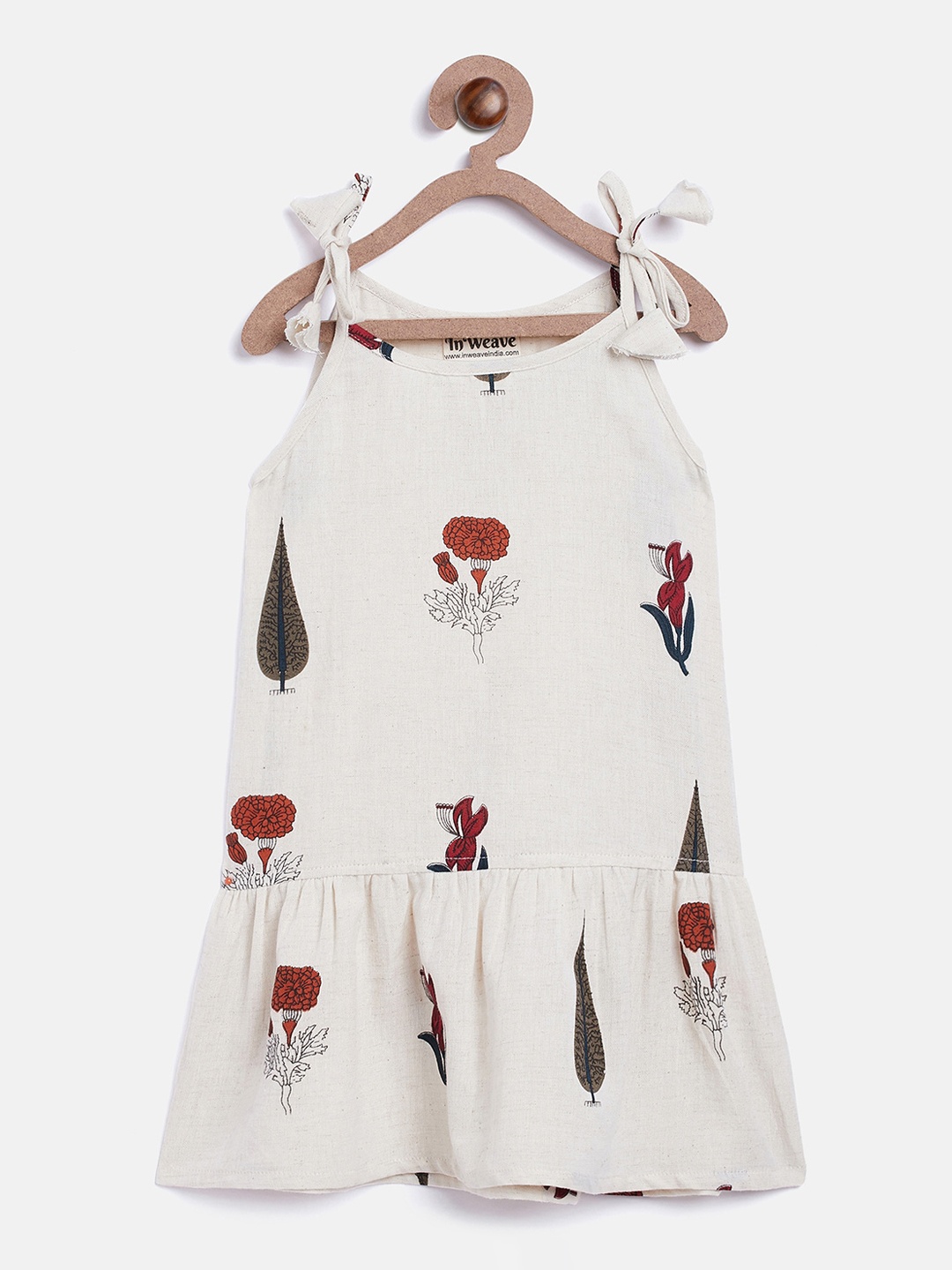 

InWeave Girls Off White & Red Ethnic Motifs Printed Cotton A-Line Dress