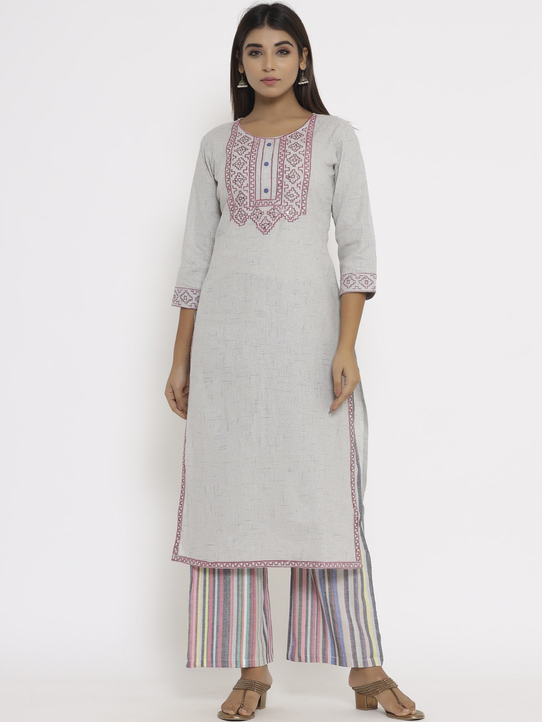 

Silai Bunai Women Grey Embroidered Thread Work Kurta with Palazzos