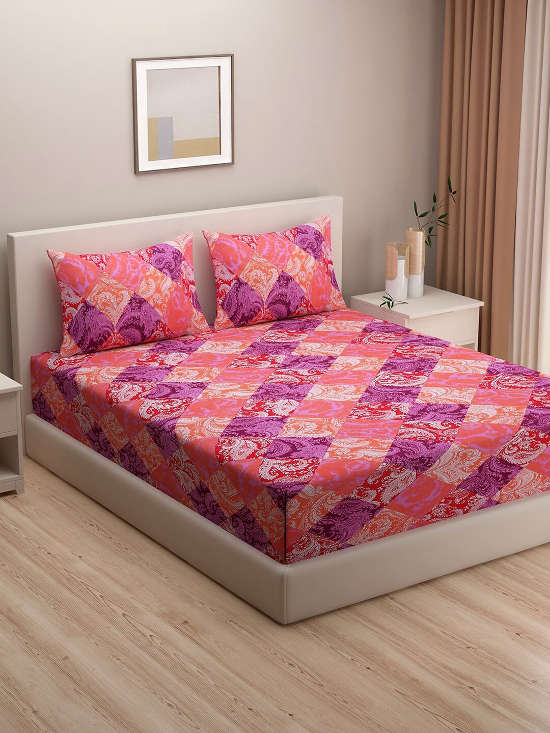 

SWAYAM Pink & Purple Ethnic Motifs 144 TC Cotton King Bedsheet With 2 Pillow Covers