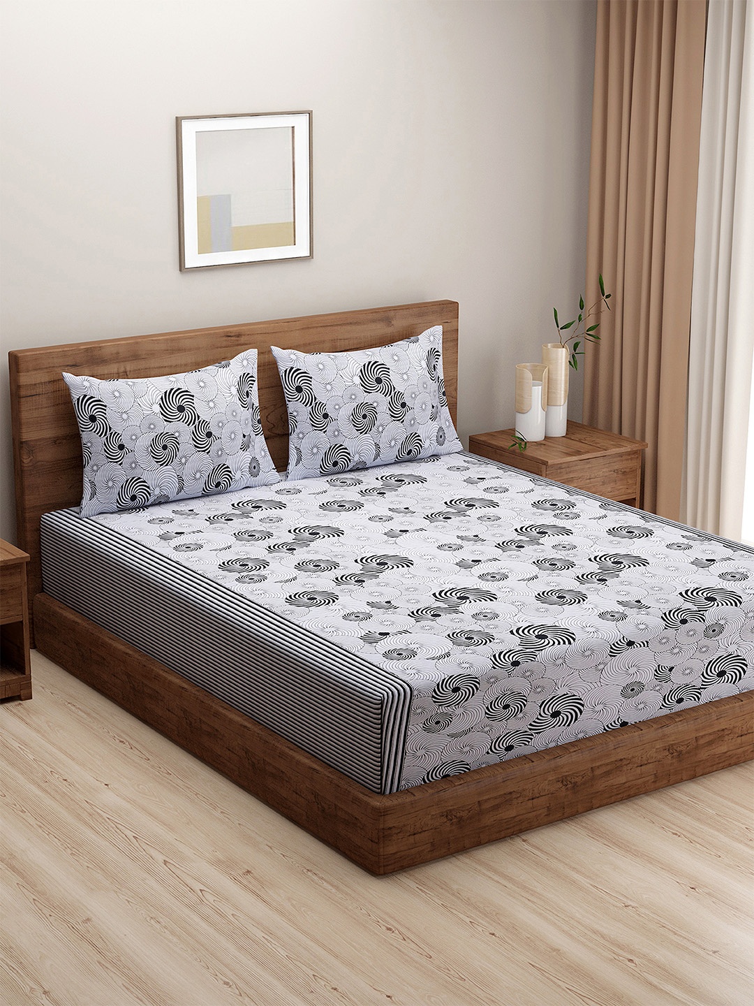 

Swayam Black & White Abstract Cotton Veda Elegance Double Bedsheet Set 160TC