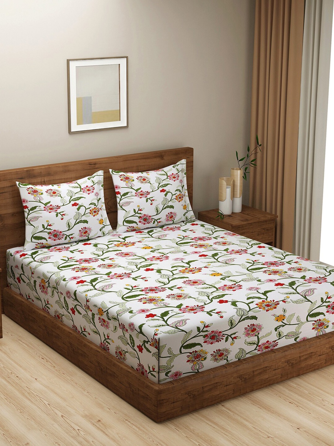

SWAYAM Green & Red Floral 144 TC Cotton King Bedsheet With 2 Pillow Covers