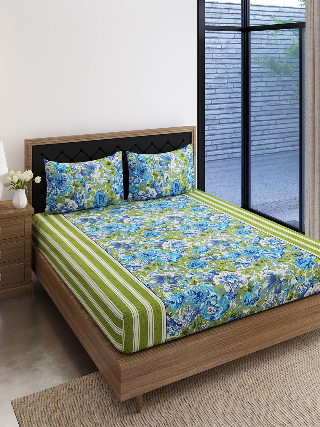 

SWAYAM Green & Blue Floral Printed 144 TC Cotton King Bedsheet with 2 Pillow Covers