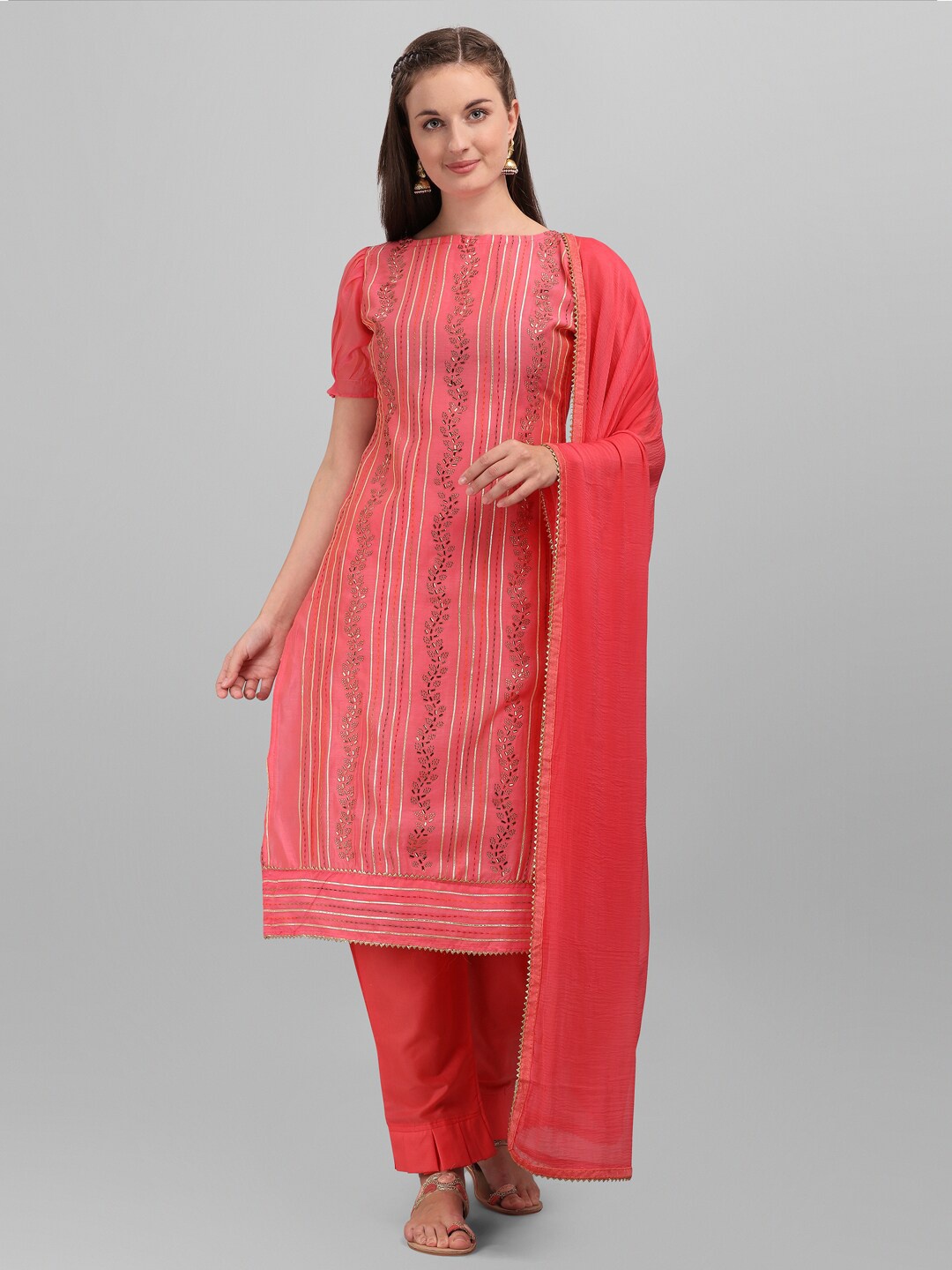 

mf Coral & Gold Embroidered Unstitched Dress Material