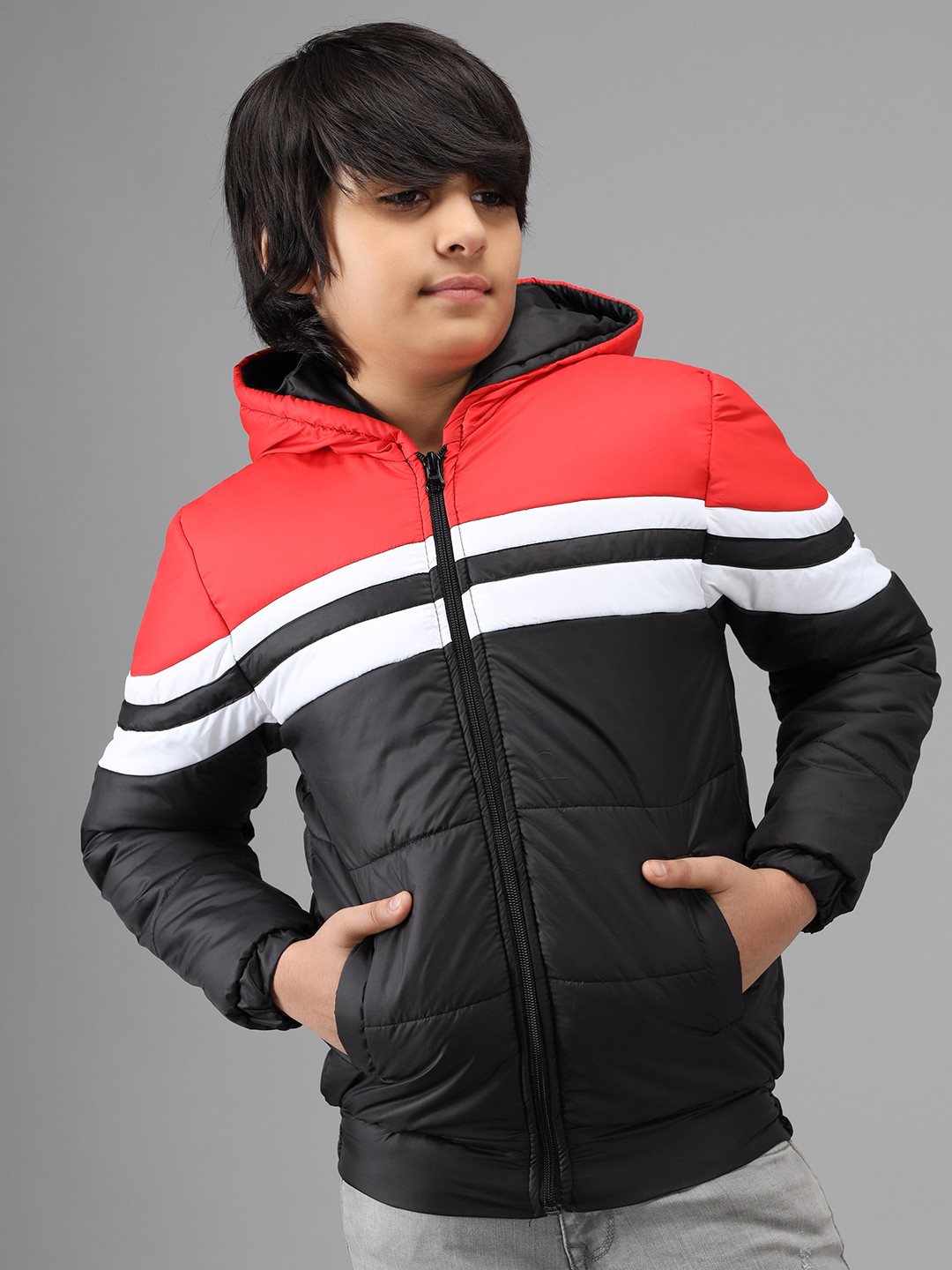 

Nick and Jones Boys Red & Black Colourblocked Hooded Bomber Jacket