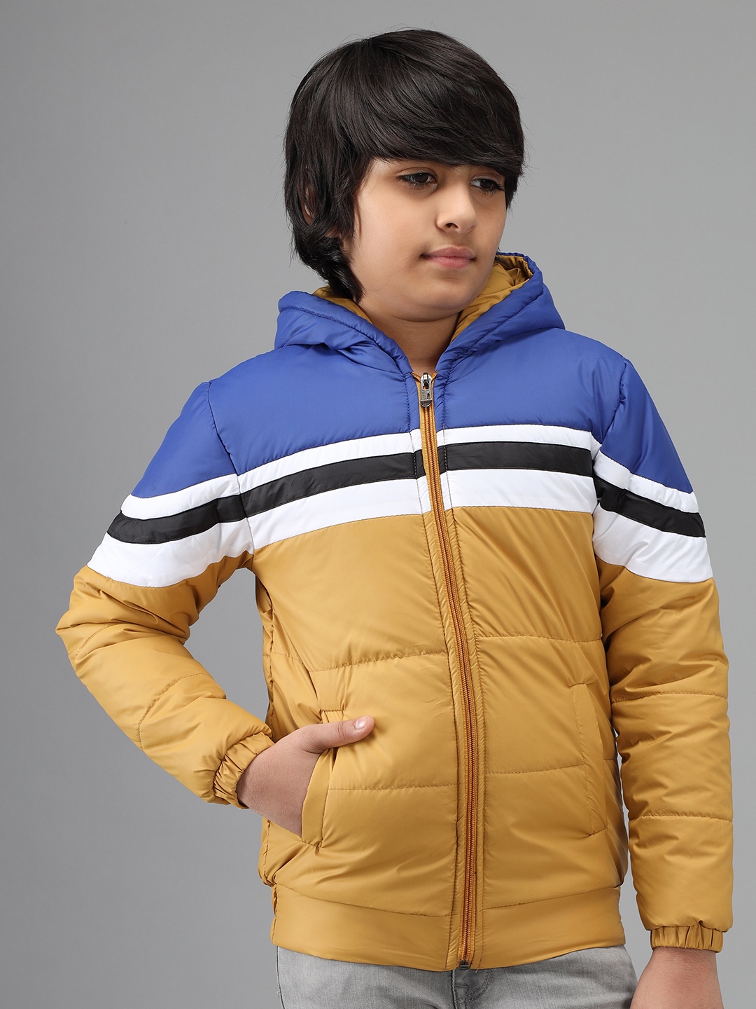 

Nick and Jones Boys Mustard Yellow & Blue Colourblocked Hooded Padded Jacket