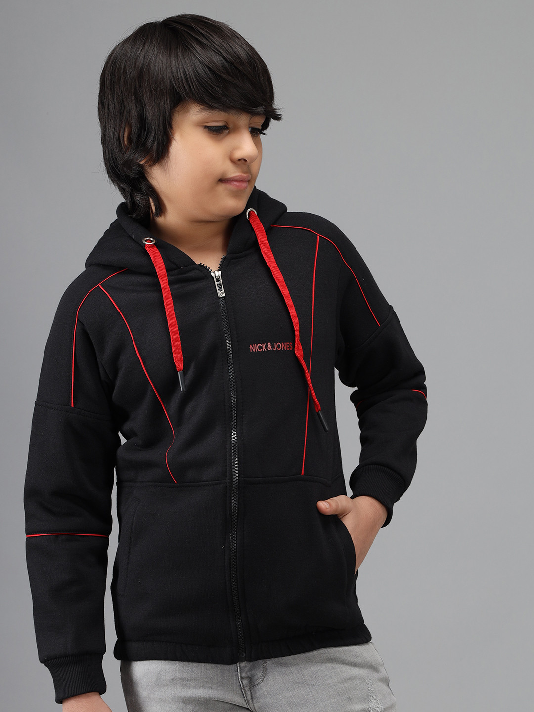 

Nick and Jones Boys Black Solid Hooded Sweatshirt