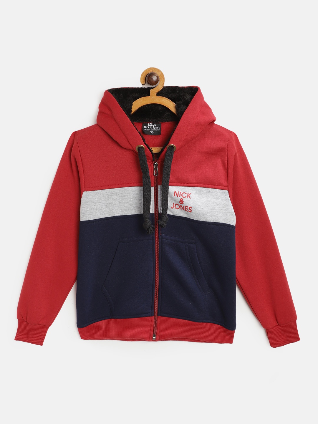 

Nick and Jones Boys Navy Blue & Red Colourblocked Hooded Sweatshirt