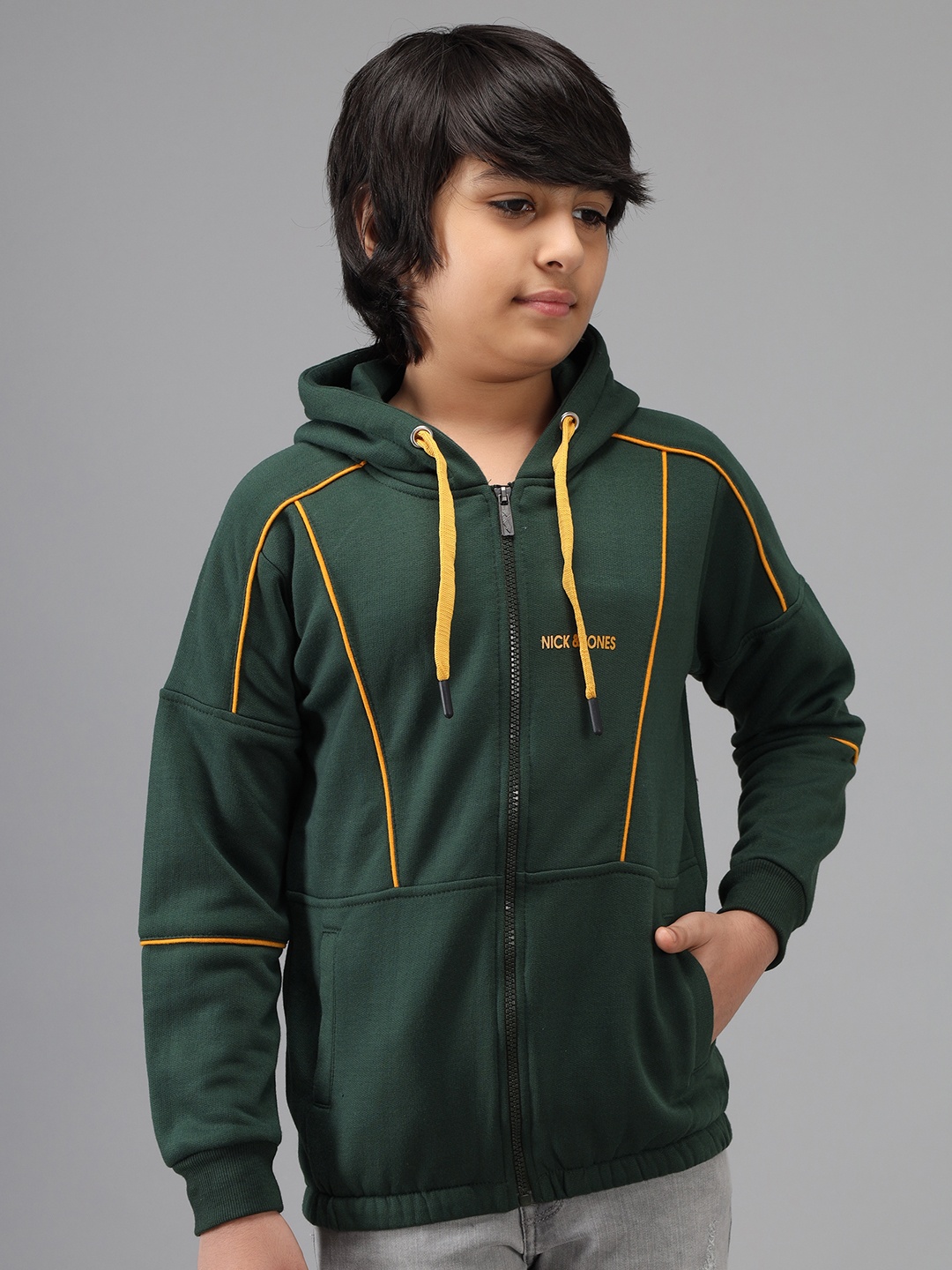 

Nick and Jones Boys Olive Green Solid Hooded Sweatshirt