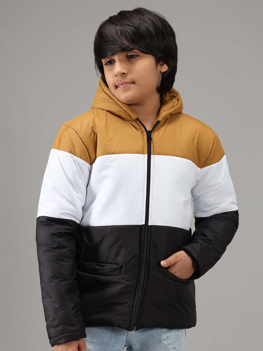 

Nick and Jones Boys Mustard Yellow & White Colourblocked Hooded Padded Jacket