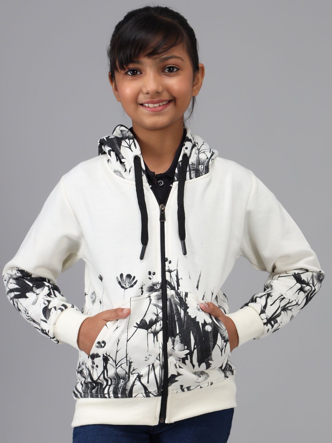 

Nick and Jones Girls White & Black Floral Print Hooded Sweatshirt