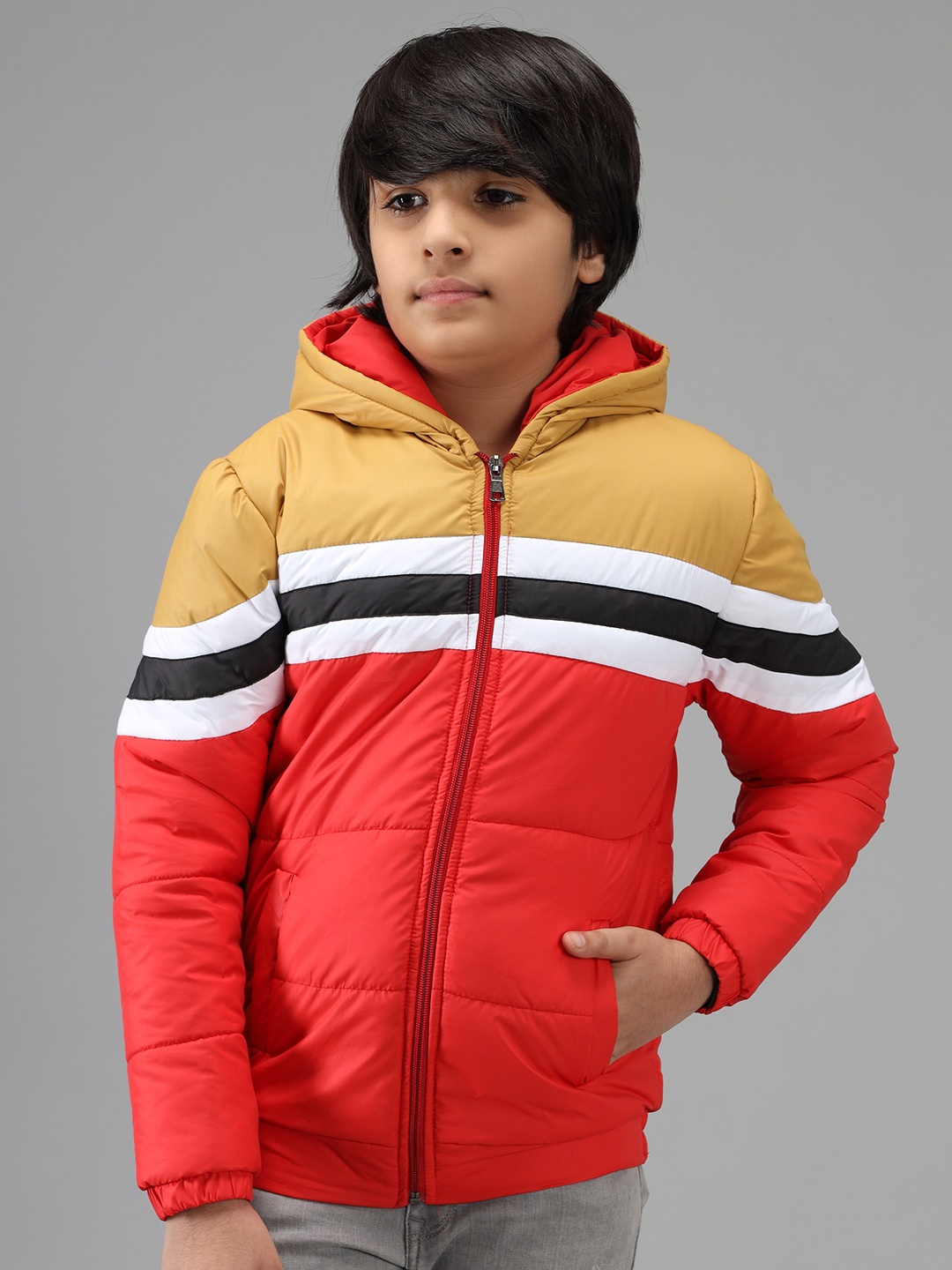 

Nick and Jones Boys Red & Mustard Yellow Colourblocked Hooded Padded Jacket