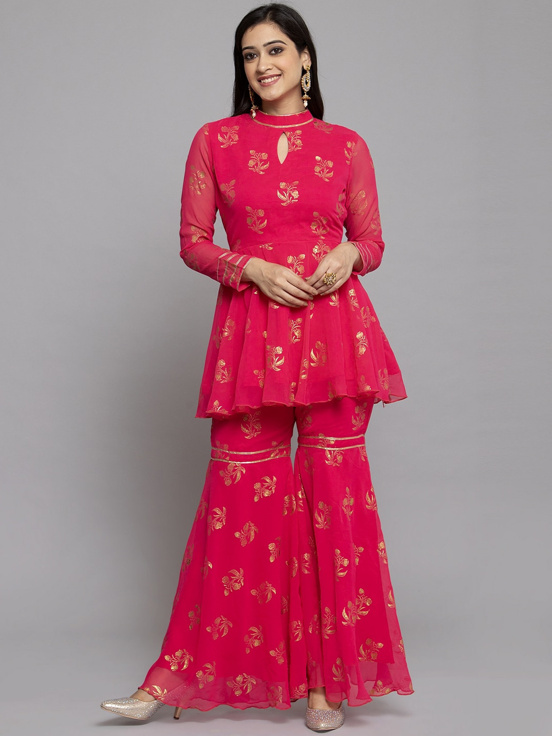 

Get Glamr Women Pink Floral Printed Gotta Patti Kurti with Sharara
