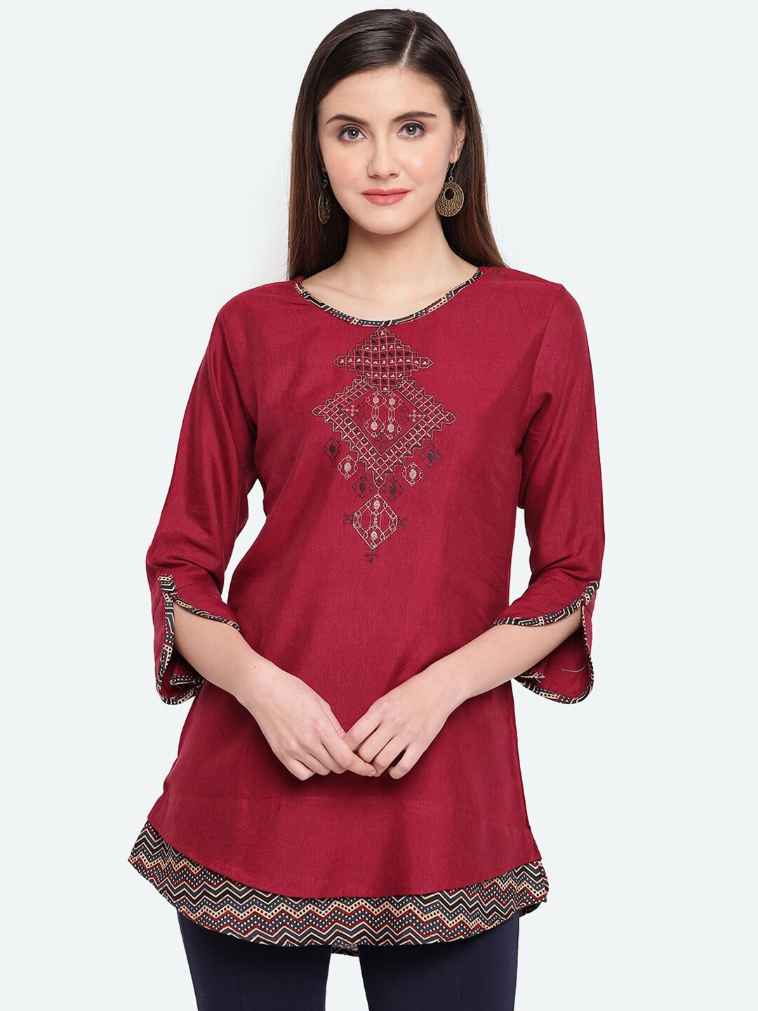 

Kvsfab Women Maroon & Black Geometric Embroidered Cotton Tunic