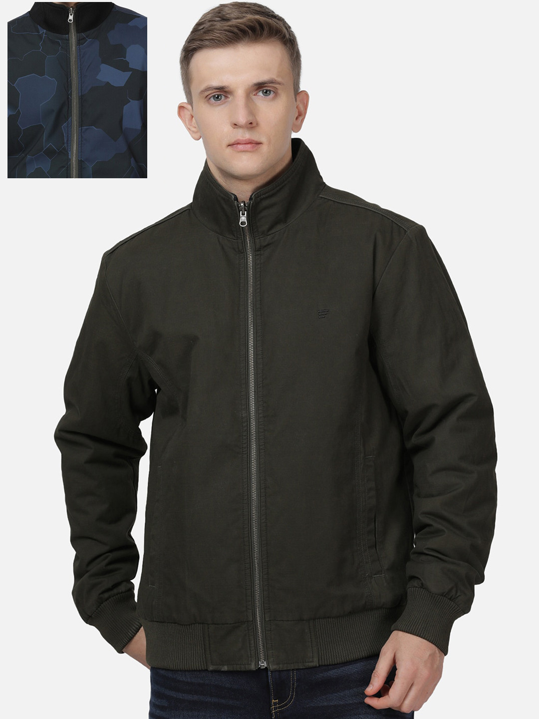 

t-base Men Olive Green Reversible Bomber with Patchwork Jacket