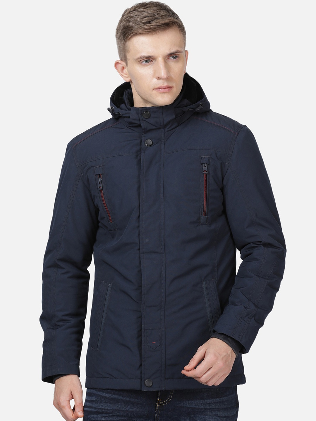 

t-base Men Navy Blue Lightweight Cotton Padded Hooded Jacket