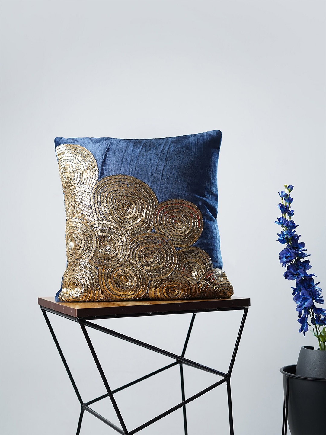 

Folkstorys Blue & Gold Helical Embroidered Velvet Square Cushion Covers